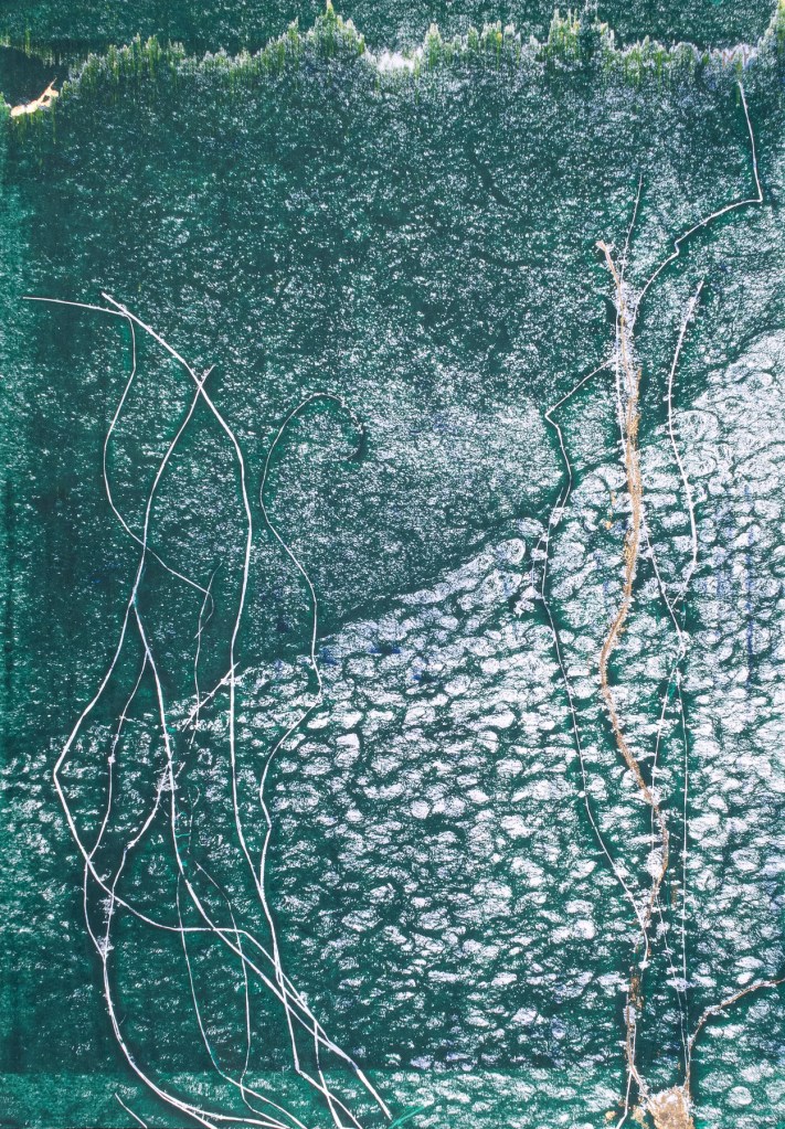 Florence Régnier, Forêt verte 1, technique mixte Encre et feuille dorée, 2025