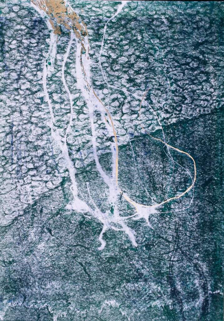 Florence Régnier, Forêt verte 2, technique mixte Encre et feuille dorée, 2025