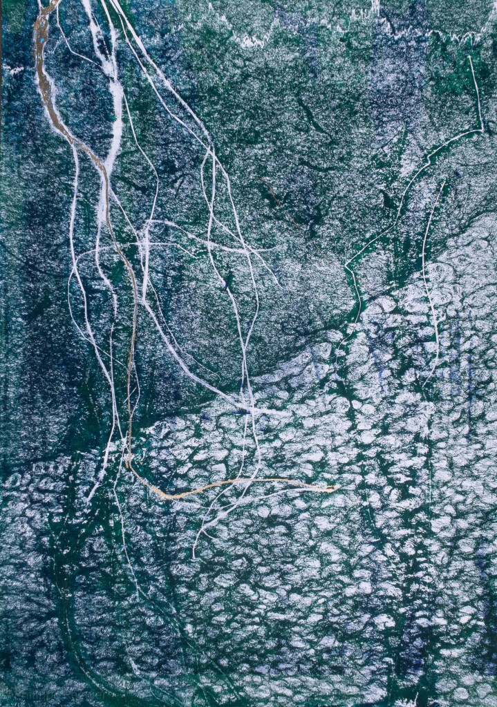 Florence Régnier, Forêt verte 3, technique mixte Encre et feuille dorée, 2025