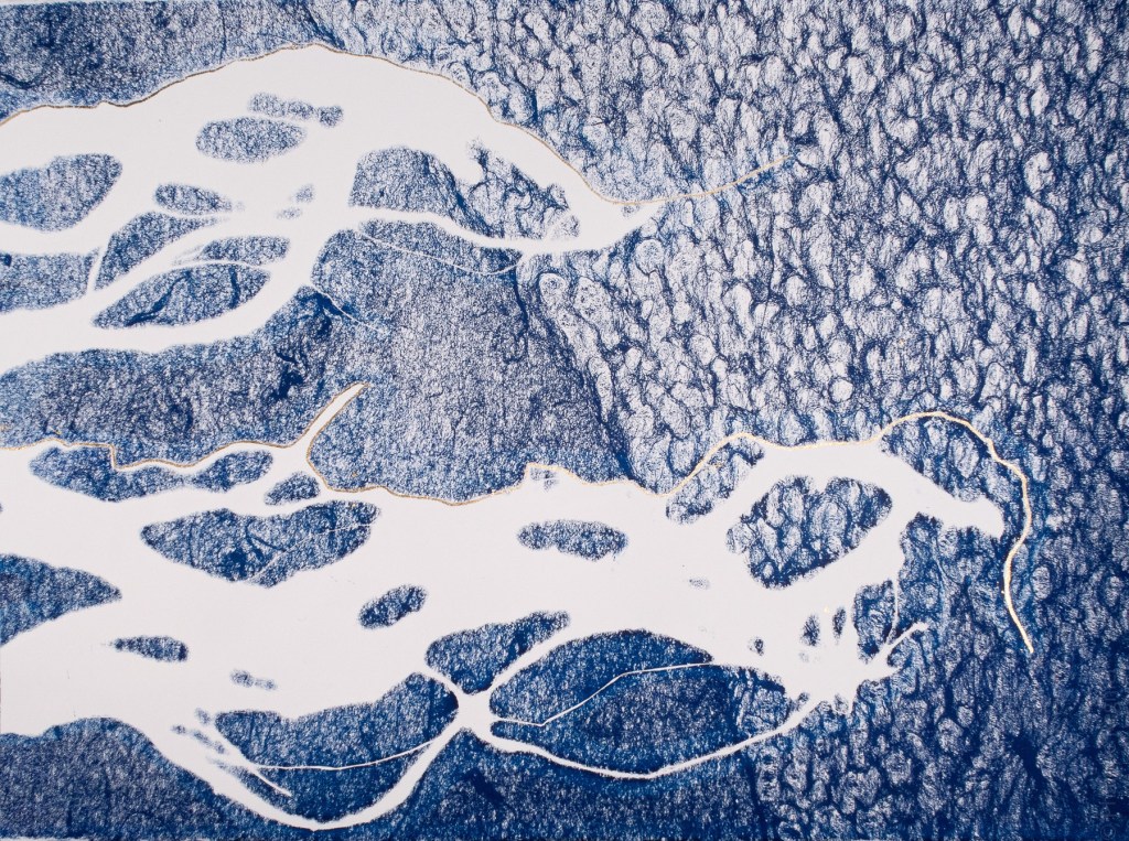 Florence Régnier, Fragment d’un paradis 1sur2, Technique mixte Encre et feuille dorée, 2025