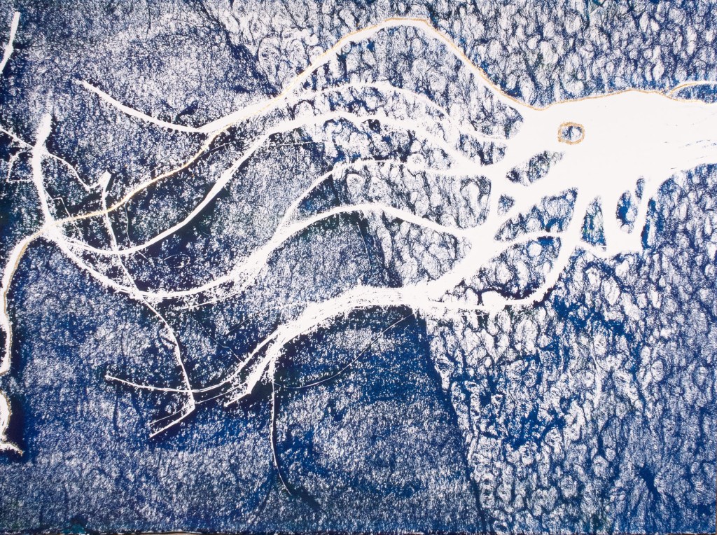 Florence Régnier, Fragment d’un paradis 2sur2, Technique mixte Encre et feuille dorée, 2025