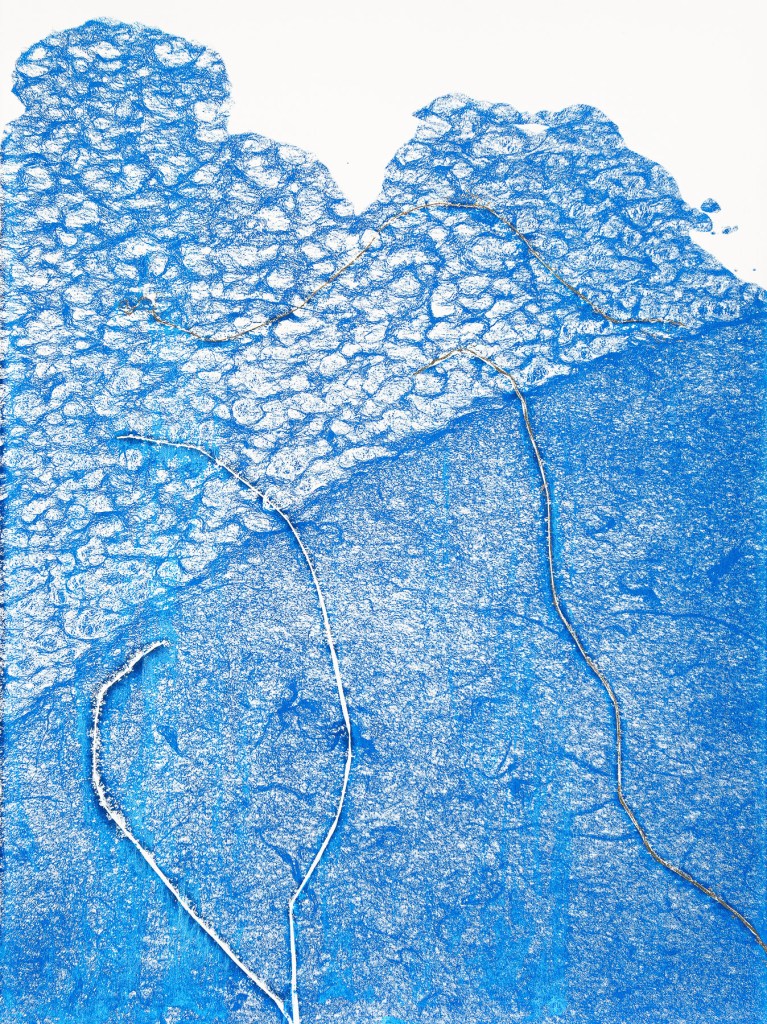 Florence Régnier, Herbe flottante 5, série 3, Technique mixte Encre et feuille dorée, 2025