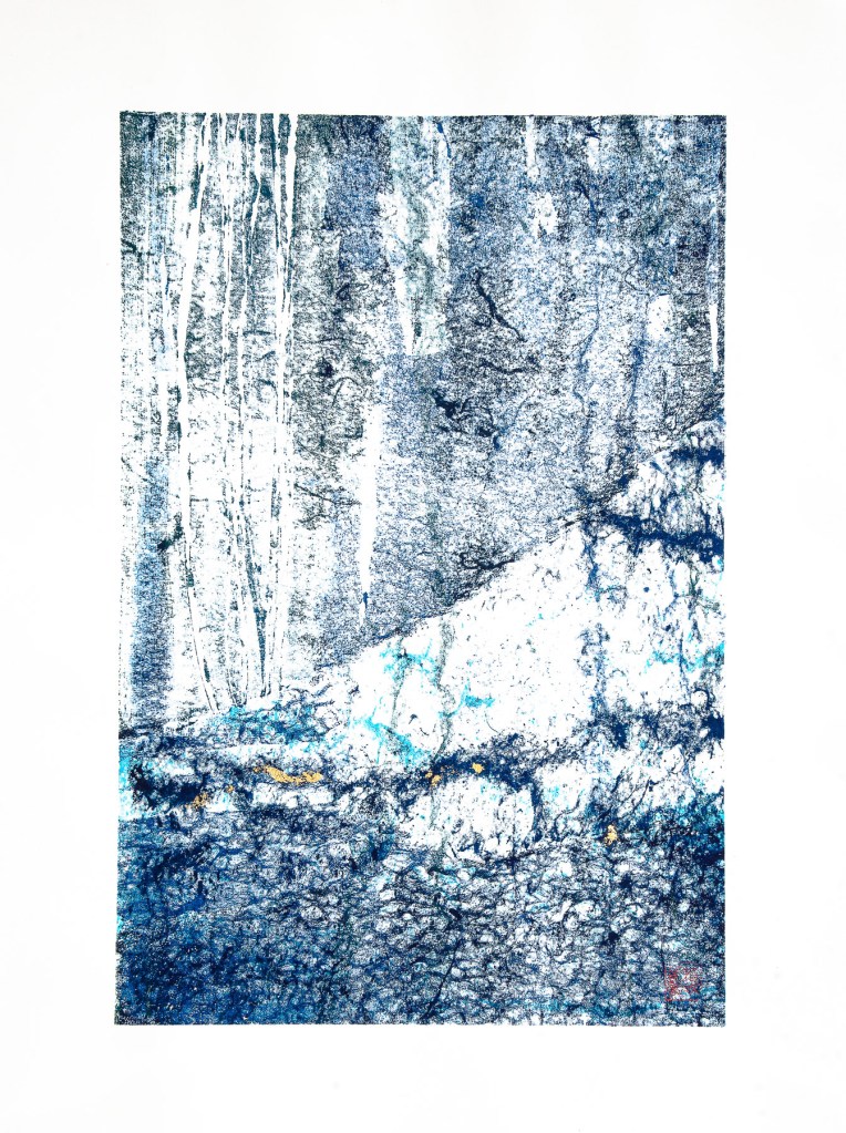 Florence Régnier, L’autre côté 1, technique mixte Encre et feuille dorée, 2024