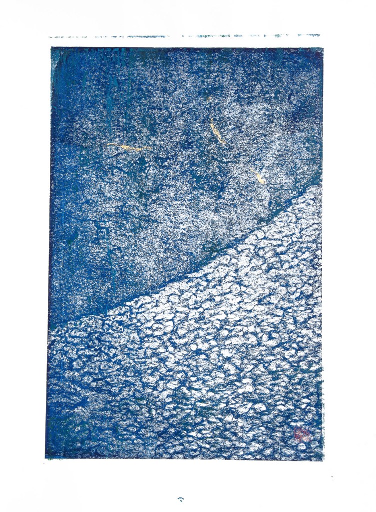 Florence Régnier, L’autre côté 2, technique mixte Encre et feuille dorée, 2024