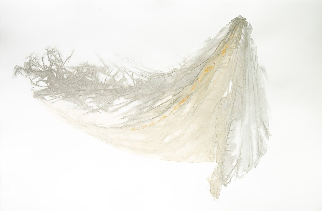 Florence Régnier, Les grands elfiques, 4sur4, Aquarelle et feuille d’or, 2026