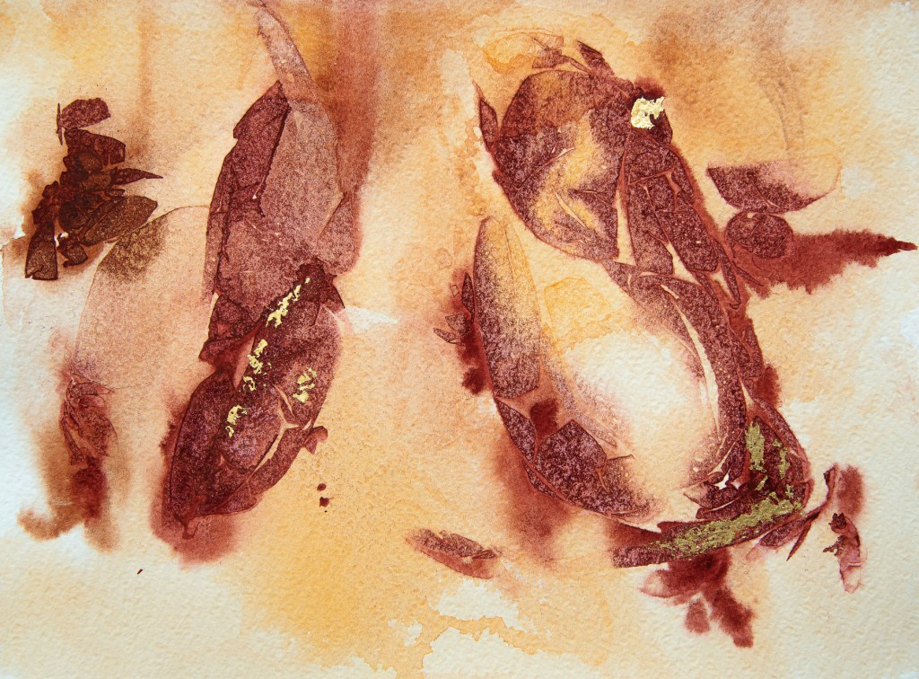 Florence Régnier, Petites activités solaires 3sur7, Aquarelle et feuille d’or, 2026